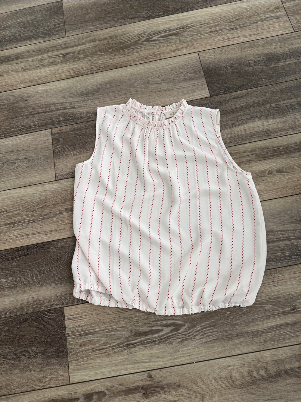 LOFT White Sleeveless Ruffled Neck Bubble Hem Top with Red Stripes